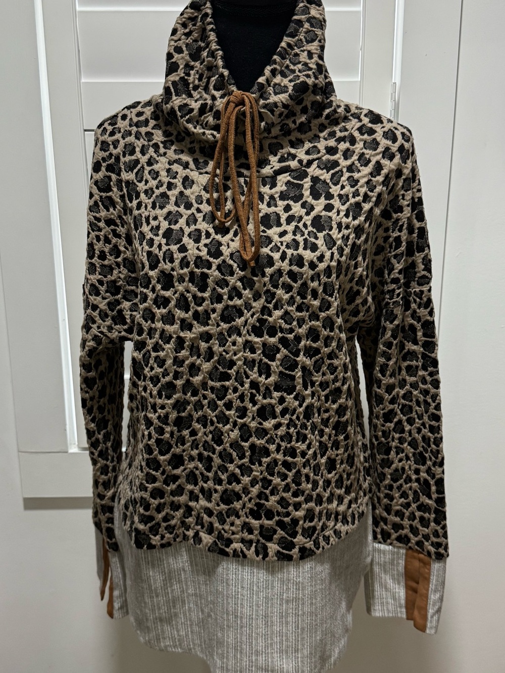 THML Leopard Print Cowl Neck Pullover in Black and Brown